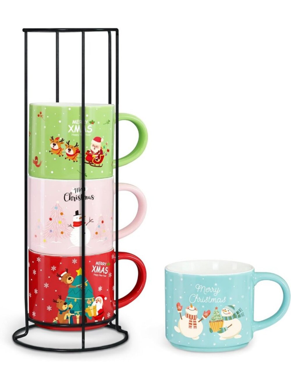 Set of 4 Stackable Holiday Mugs, 15.8 Oz Coffee Cups with Stand, Festive Cocoa